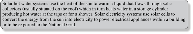 Solar hot water systems use the heat of the sun to warm a liquid that flows through solar collectors (usually situated on the roof) which in turn heats water in a storage cylinder producing hot water at the taps or for a shower. Solar electricity systems use solar cells to convert the energy from the sun into electricity to power electrical appliances within a building or to be exported to the National Grid.