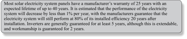 Most solar electricity system panels have a manufacturers warranty of 25 years with an expected lifetime of up to 40 years. It is estimated that the performance of the electricity system will decrease by less than 1% per year, with the manufacturers guarantee that the electricity system will still perform at 80% of its installed efficiency 20 years after installation. Inverters are generally guaranteed for at least 5 years, although this is extendable, and workmanship is guaranteed for 2 years.