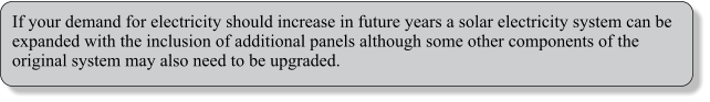 If your demand for electricity should increase in future years a solar electricity system can be expanded with the inclusion of additional panels although some other components of the original system may also need to be upgraded.