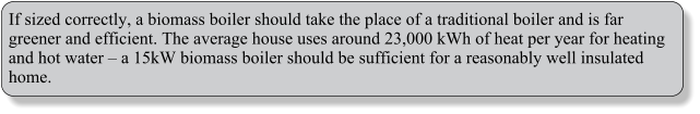 If sized correctly, a biomass boiler should take the place of a traditional boiler and is far greener and efficient. The average house uses around 23,000 kWh of heat per year for heating and hot water  a 15kW biomass boiler should be sufficient for a reasonably well insulated home.